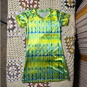 80s satin tie dye print v neck tee